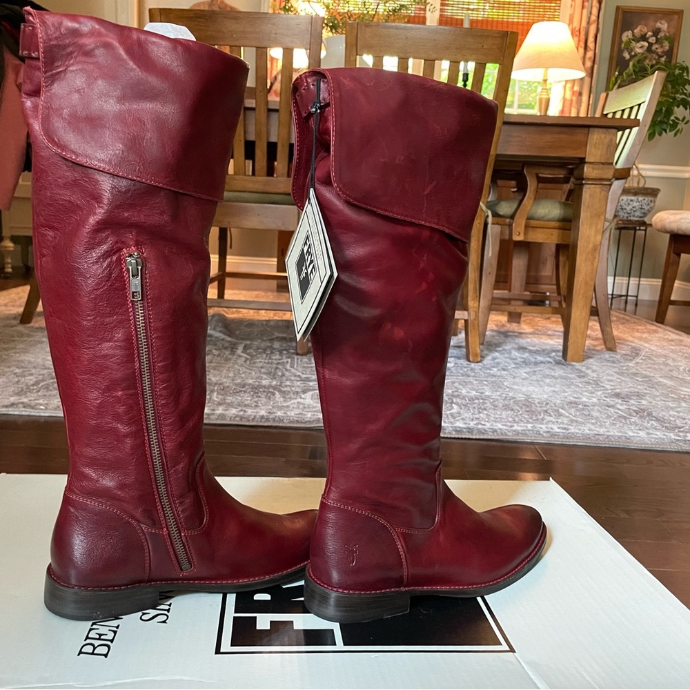 FRYE Shirley Burnt Red Leather Knee-High Riding Boots